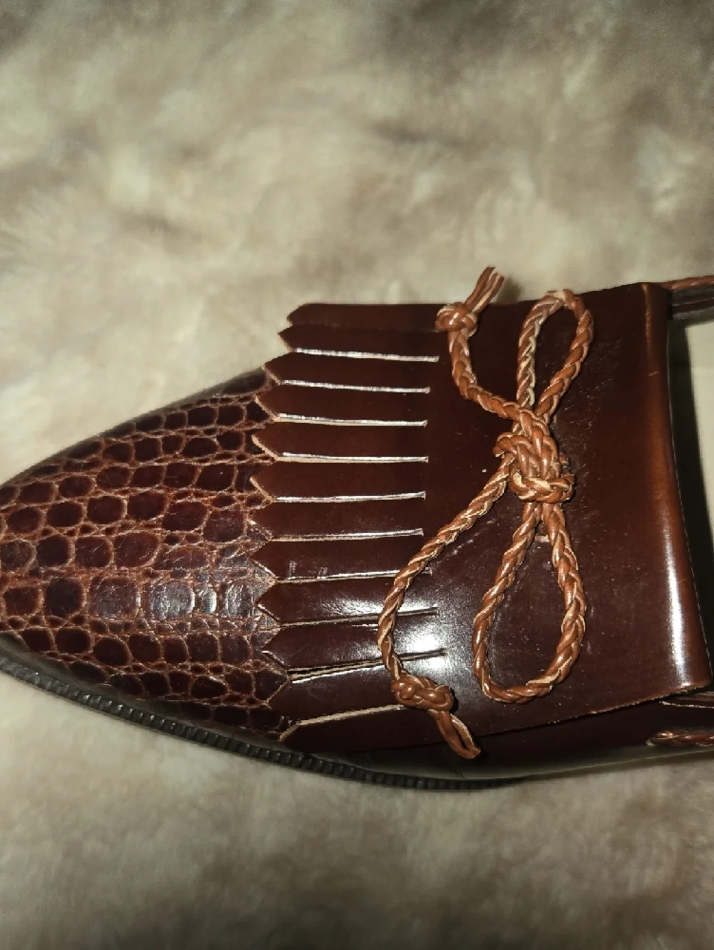 Bally Brown Leather Loafers Snakeskin Embossed Toe Tassel Fringe Flats - Picture 4 of 11